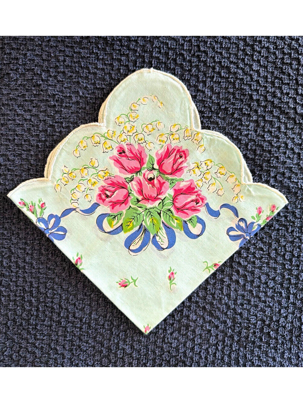 White Cotton Handkerchief Pink Roses Floral Print Blue Ribbon Scalloped Edge